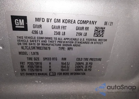 2021 Chevrolet Trax Fwd Lt from USA, damaged, VIN KL7CJLSM7MB376679